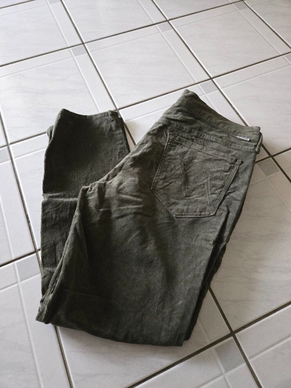 Mother The Dropout Cropped Corduroy Pants Hopscotch Olive Green 30